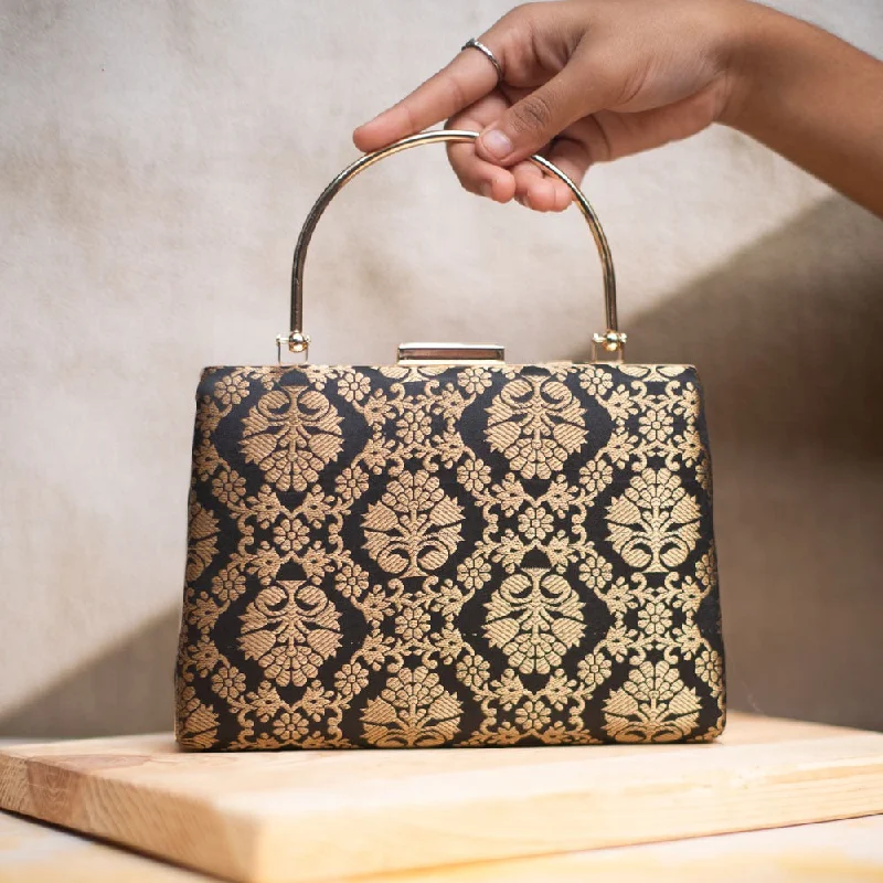 Trendy Bags Artklim Black and Golden Silk Brocade Party Clutch