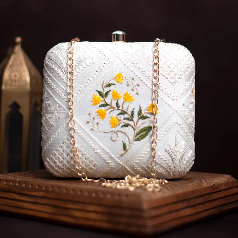 New Year Party Bag For Celebrations Artklim White And Yellow Floral Embroidery Clutch New Year Party Bag For Celebrations Artklim White And Yellow Floral Embroidery Clutch