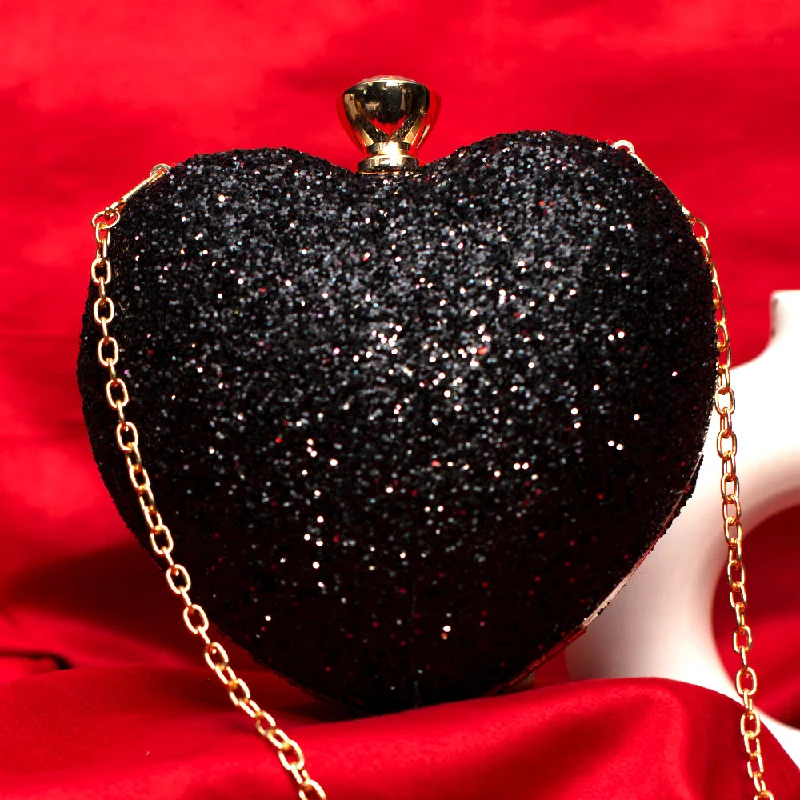 Affordable Handbags Black Glitter Heart Shape Valentine Clutch