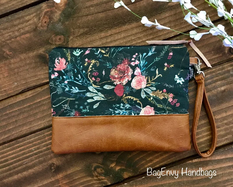 Party Bags For New Year's Eve And Special Occasions Grab N Go Wristlet Clutch -Boho Floral in Midnight in Charcoal with Vegan Leather Party Bags For New Year's Eve And Special Occasions Grab N Go Wristlet Clutch -Boho Floral in Midnight in Charcoal with Vegan Leather