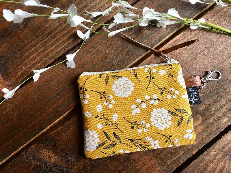 Rustic Bags For Outdoor And Nature-Inspired Looks SALE - Pom Floral in Mustard with Vegan Leather and Key Clip - Zippered Clutch / Coin Pouch / Change Purse Rustic Bags For Outdoor And Nature-Inspired Looks SALE - Pom Floral in Mustard with Vegan Leather and Key Clip - Zippered Clutch / Coin Pouch / Change Purse