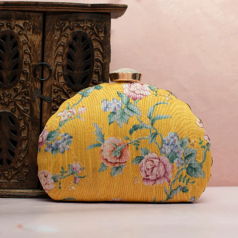 Trendy Bags For Sales Yellow Floral Printed Zari Embroidery Clutch