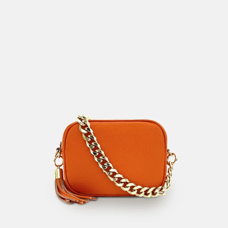 Modern And Limited-Time Offer Bags Orange Leather Crossbody Bag With Gold Chain Strap Modern And Limited-Time Offer Bags Orange Leather Crossbody Bag With Gold Chain Strap
