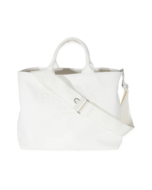 Minimalist Bags For Clean And Modern Aesthetics Prada White Canvas Medium Embossed Drill Tote Minimalist Bags For Clean And Modern Aesthetics Prada White Canvas Medium Embossed Drill Tote